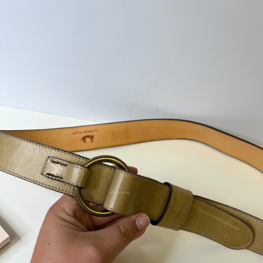 Jutta Neumann Tan Leather O-Ring Belt 38 Handmade NYC Brass Buckle Minimalist